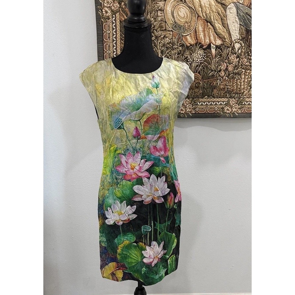 Lez a Lez Silk Dress Womens Medium Multicolor Lotus Floral Sleeveless Sheath